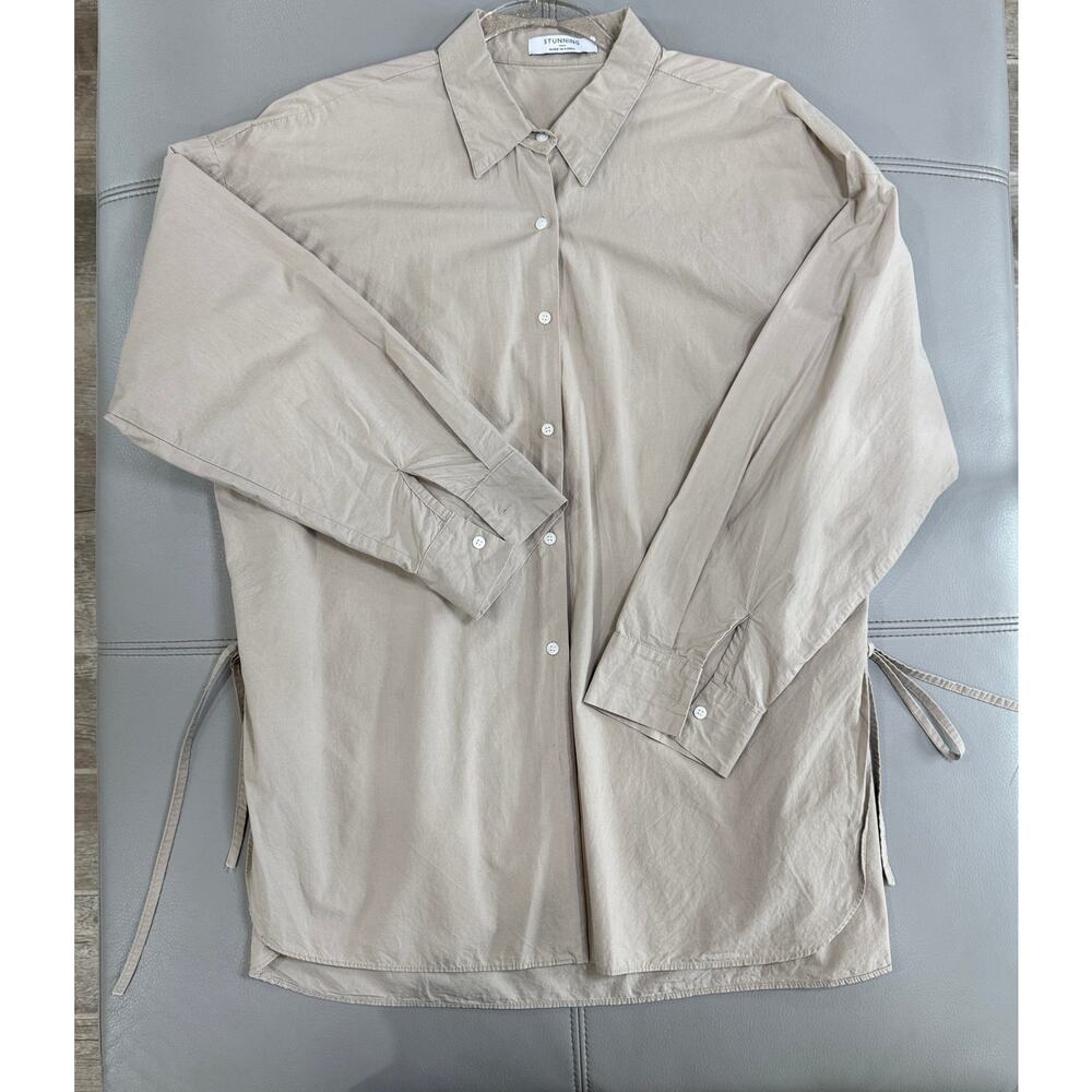 Stunning Women's XL Tan Khaki Side Tie Button Up Long Sleeve Shirt